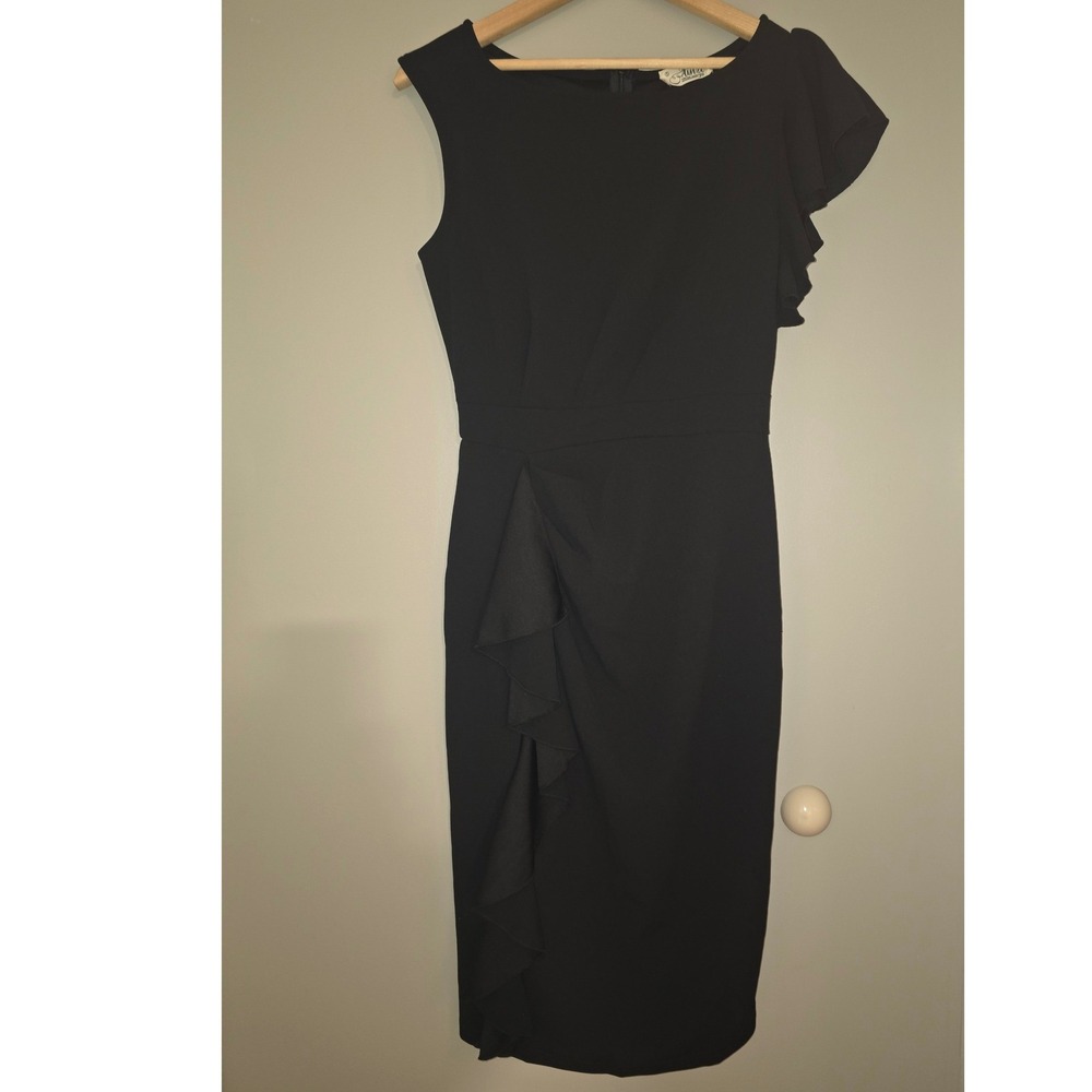 Aisize Black Ruffle One Sleeve Sheath Cocktail Dress Womens Small NWT
